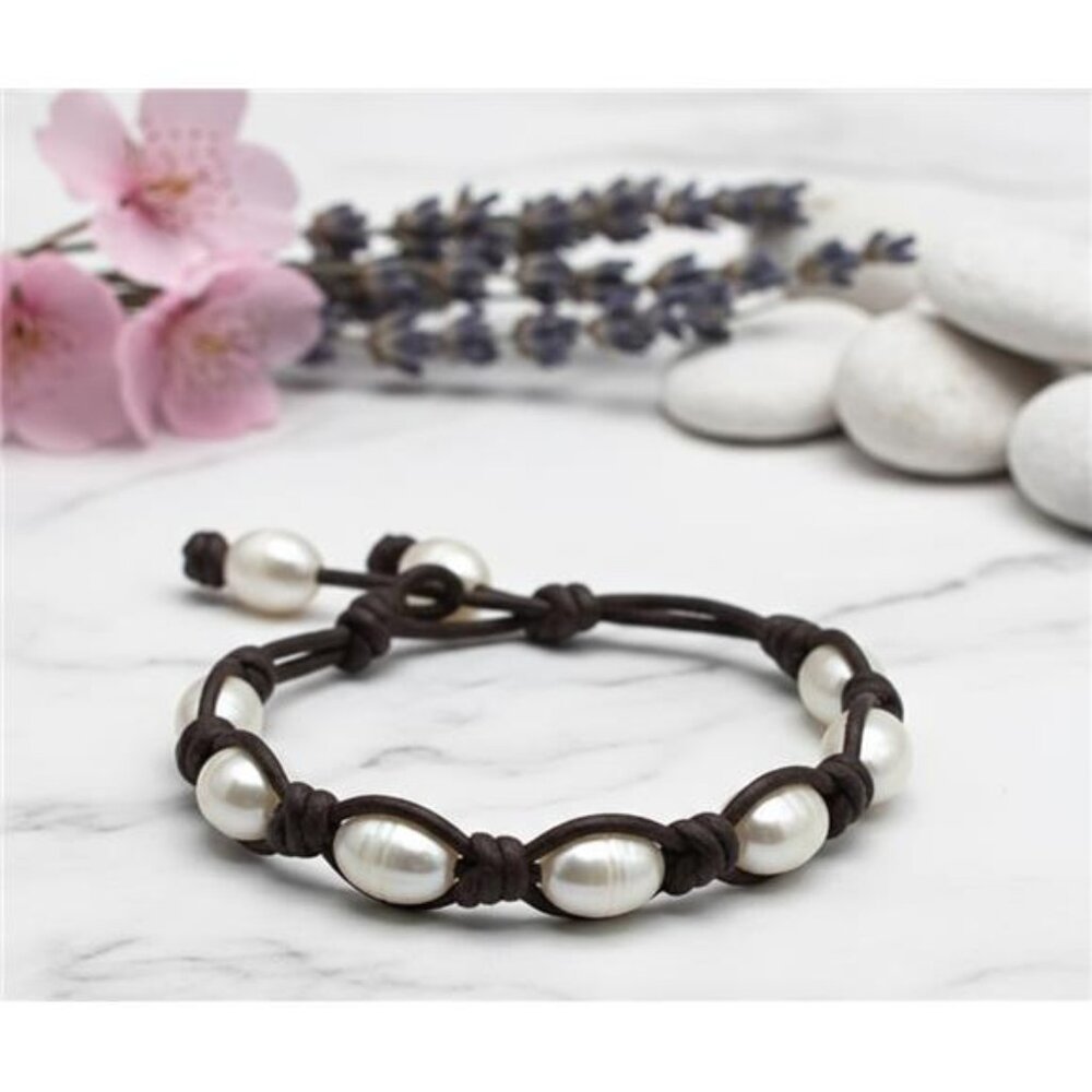 Natural White Pearl Brown Cord Bracelet 6.5 In Boho Minimalist